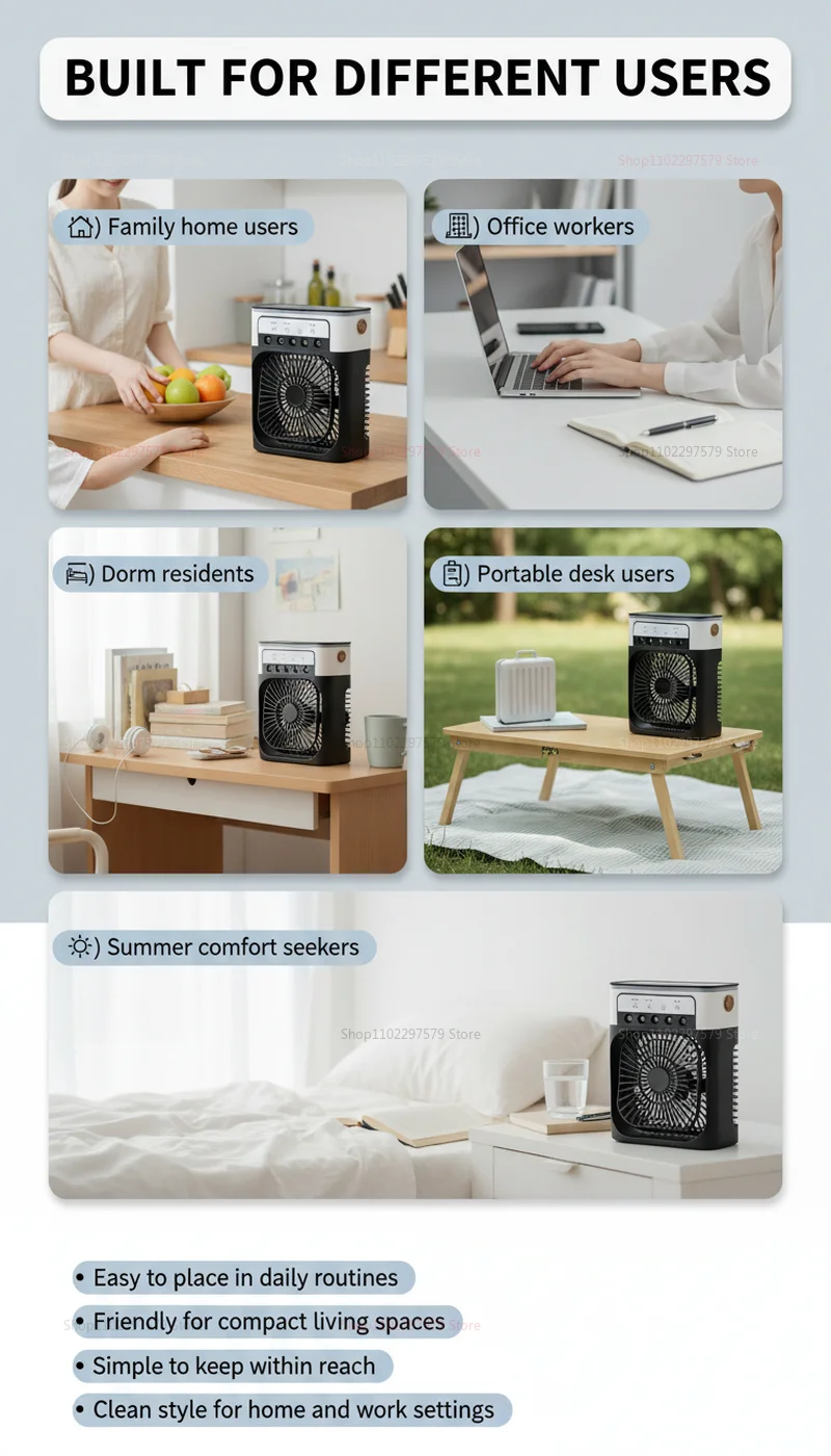 Ventilador 3 en 1, Mini Enfriador de Aire Dom&eacute;stico, Luz Nocturna LED, Humidificador Port&aacute;til, Ventilador con Ajuste de Aire, Ventilador para Oficina y Hogar