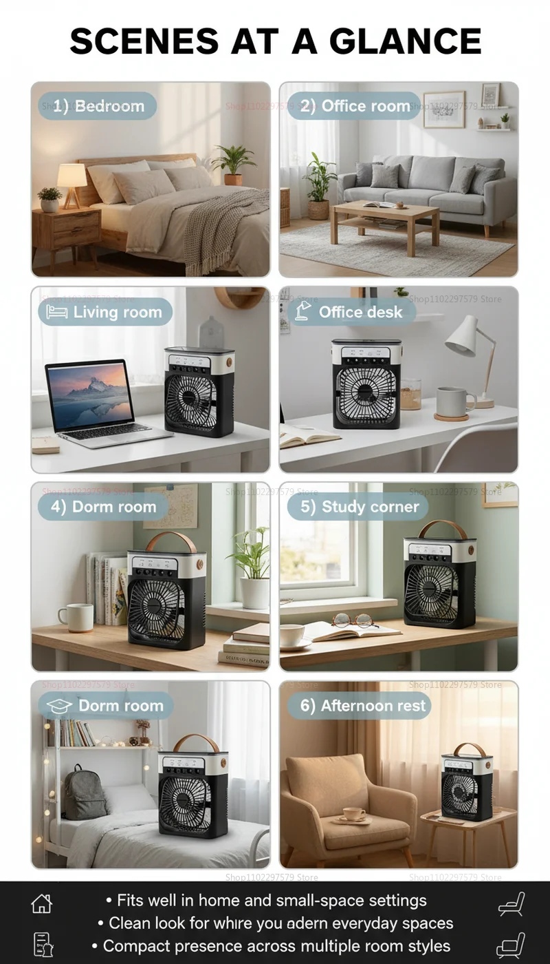 Ventilador 3 en 1, Mini Enfriador de Aire Dom&eacute;stico, Luz Nocturna LED, Humidificador Port&aacute;til, Ventilador con Ajuste de Aire, Ventilador para Oficina y Hogar