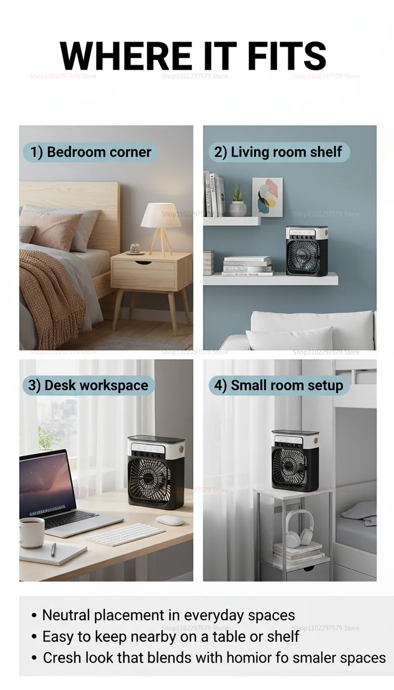 Ventilador 3 en 1, Mini Enfriador de Aire Dom&eacute;stico, Luz Nocturna LED, Humidificador Port&aacute;til, Ventilador con Ajuste de Aire, Ventilador para Oficina y Hogar