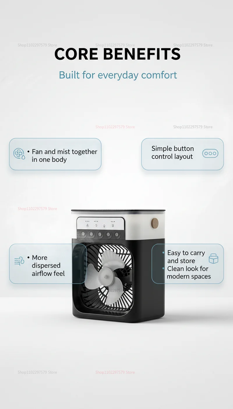 Ventilador 3 en 1, Mini Enfriador de Aire Dom&eacute;stico, Luz Nocturna LED, Humidificador Port&aacute;til, Ventilador con Ajuste de Aire, Ventilador para Oficina y Hogar