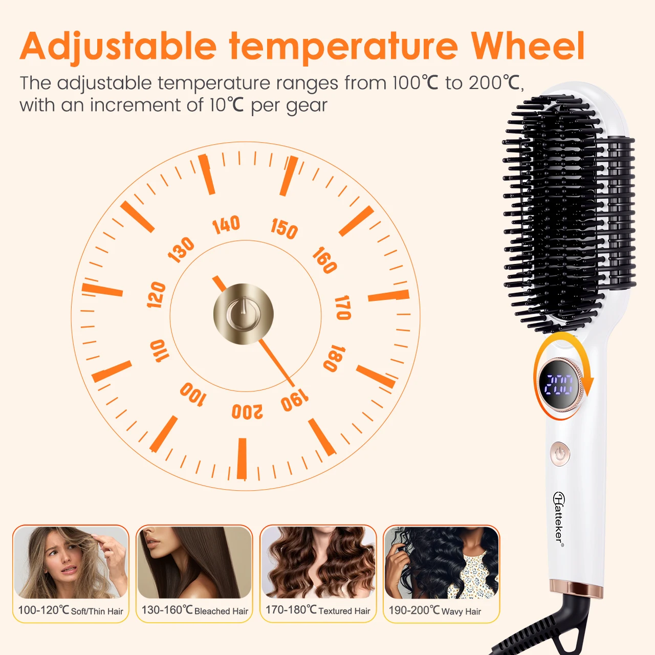 Hatteker-peine para peinar el cabello con m&uacute;ltiples ajustes, temperatura ajustable, volumizador, alisado/cepillo rizado, peine alisador de cabello