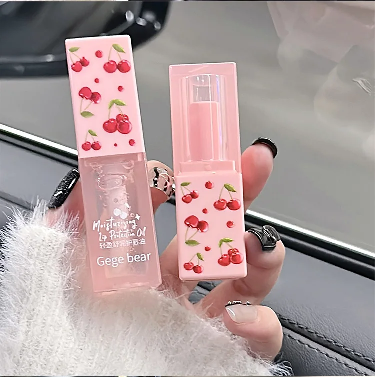 B&aacute;lsamo labial hidratante de cereza, juego de aceite para labios, oso Gege, labios suaves y calmantes, ligero, uso en invierno