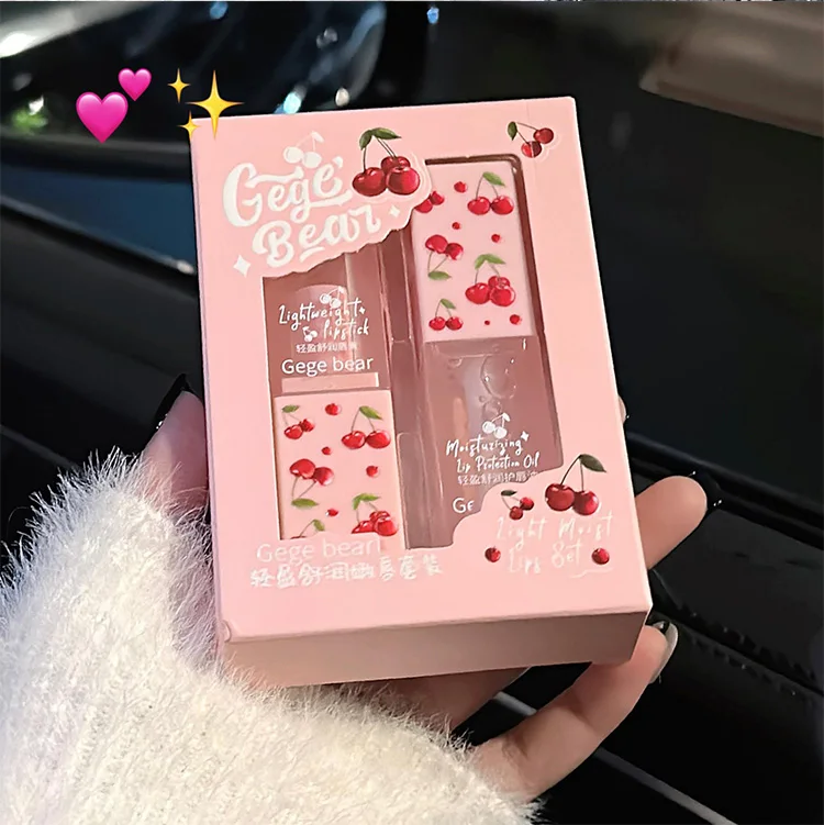 B&aacute;lsamo labial hidratante de cereza, juego de aceite para labios, oso Gege, labios suaves y calmantes, ligero, uso en invierno