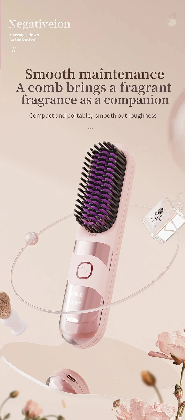 Cepillo Alisador de Cabello Inal&aacute;mbrico Mini, Peine I&oacute;nico Port&aacute;til de Carga R&aacute;pida, Herramienta de Peinado