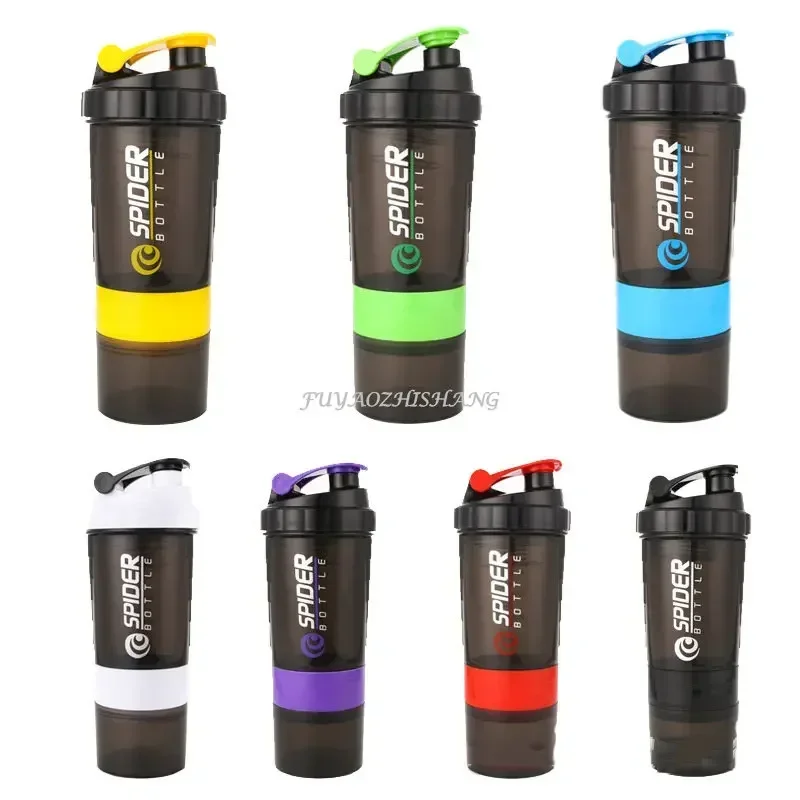 Botella coctelera de 3 capas, taza para mezclar prote&iacute;nas, taza de agua deportiva para Fitness, botellas de agua de pl&aacute;stico a escala de 550ml con caja de medicina