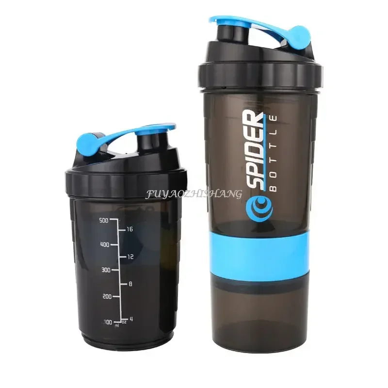 Botella coctelera de 3 capas, taza para mezclar prote&iacute;nas, taza de agua deportiva para Fitness, botellas de agua de pl&aacute;stico a escala de 550ml con caja de medicina