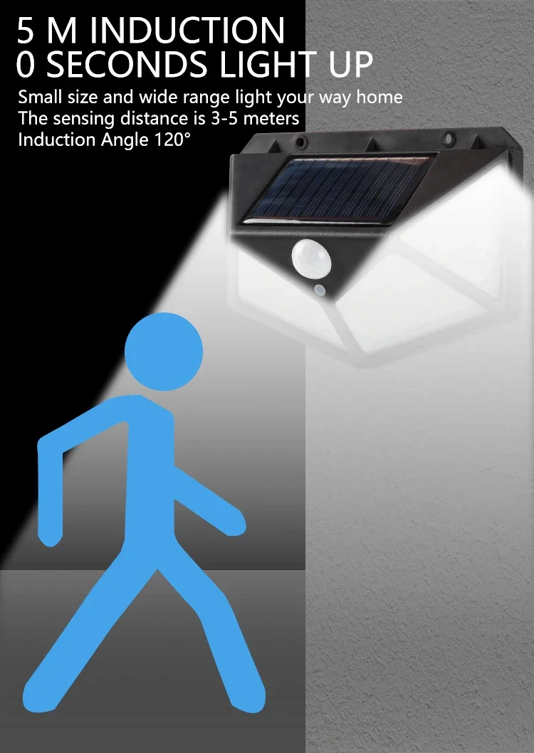 L&aacute;mpara Solar de pared para exteriores, impermeable, Sensor de movimiento, alimentada por energ&iacute;a Solar, luz de calle, barandilla de jard&iacute;n, L&aacute;mpara decorativa, 100led
