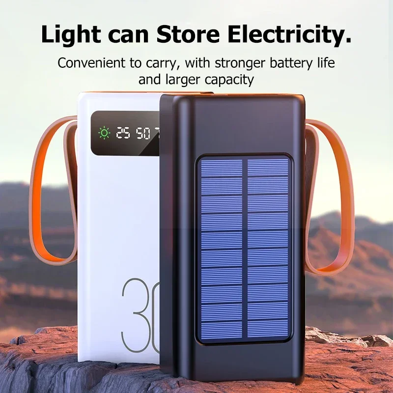 Lenovo-banco de energ&iacute;a Solar grueso de 200000mAh, Cables integrados de Ultra capacidad, bater&iacute;a externa, luz LED, banco de energ&iacute;a para iPhone