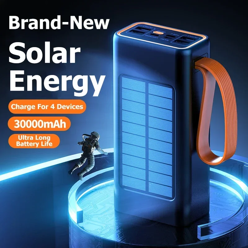 Lenovo-banco de energ&iacute;a Solar grueso de 200000mAh, Cables integrados de Ultra capacidad, bater&iacute;a externa, luz LED, banco de energ&iacute;a para iPhone