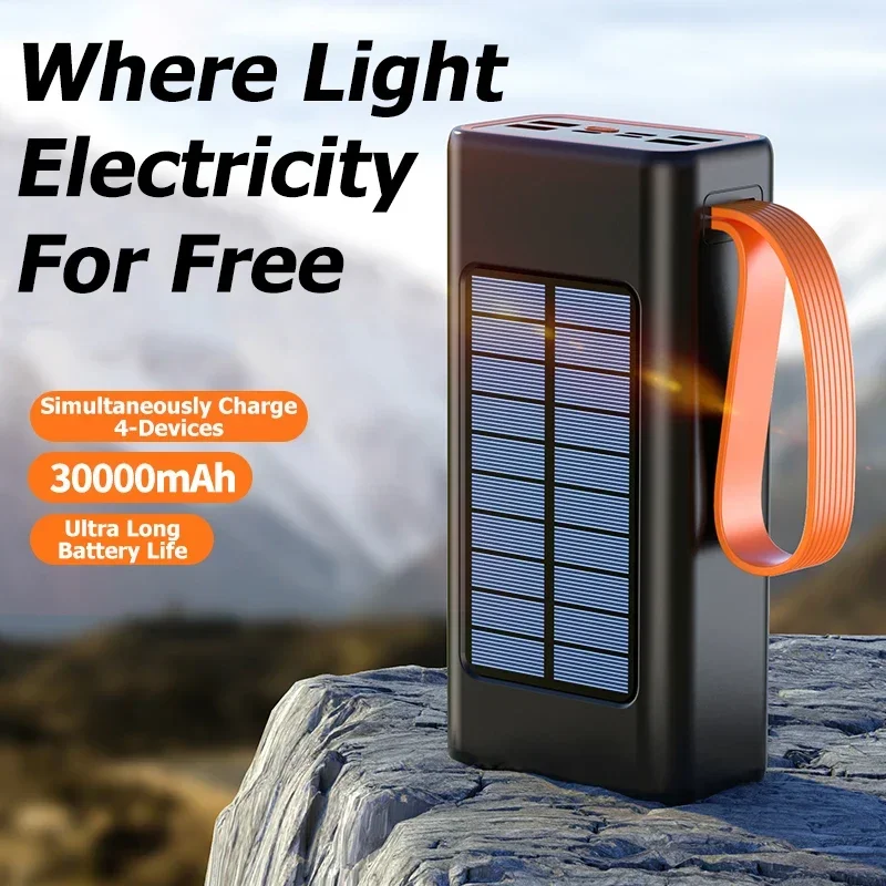 Lenovo-banco de energ&iacute;a Solar grueso de 200000mAh, Cables integrados de Ultra capacidad, bater&iacute;a externa, luz LED, banco de energ&iacute;a para iPhone