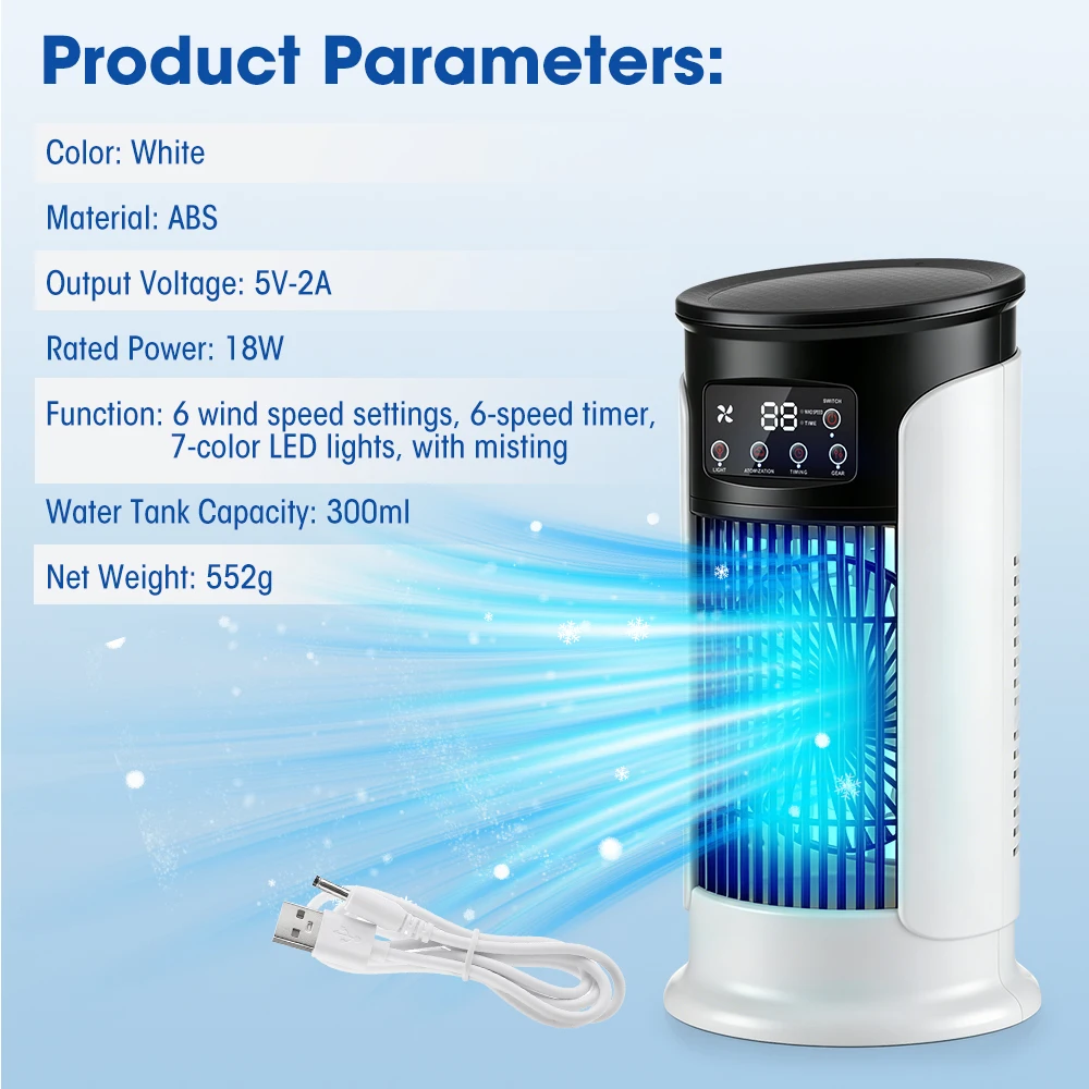 Ventilador dom&eacute;stico 3 en 1, aire acondicionado port&aacute;til, enfriador de aire de 6 velocidades, luz LED nocturna, humidificador, ventilador de ajuste de aire, ventilador para oficina y hogar