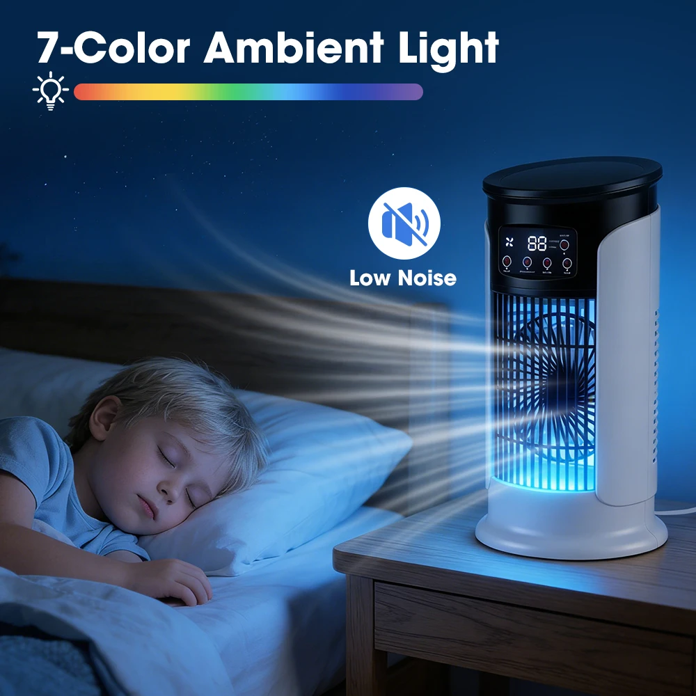 Ventilador dom&eacute;stico 3 en 1, aire acondicionado port&aacute;til, enfriador de aire de 6 velocidades, luz LED nocturna, humidificador, ventilador de ajuste de aire, ventilador para oficina y hogar