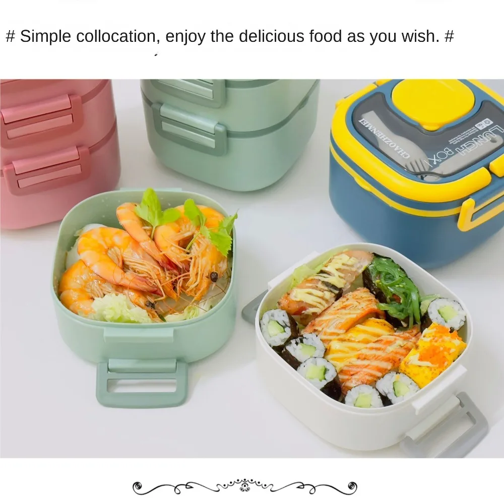 Fiambrera aislada de plástico/acero inoxidable, Bento Box con cubiertos, salida de campamento, azul/verde/rosa/blanco, 15*15*9,6 CM Fiambrera aislada de plástico/acero inoxidable, Bento Box con cubiertos, salida de campamento, azul/verde/rosa/blanco, 15*15*9,6 CM