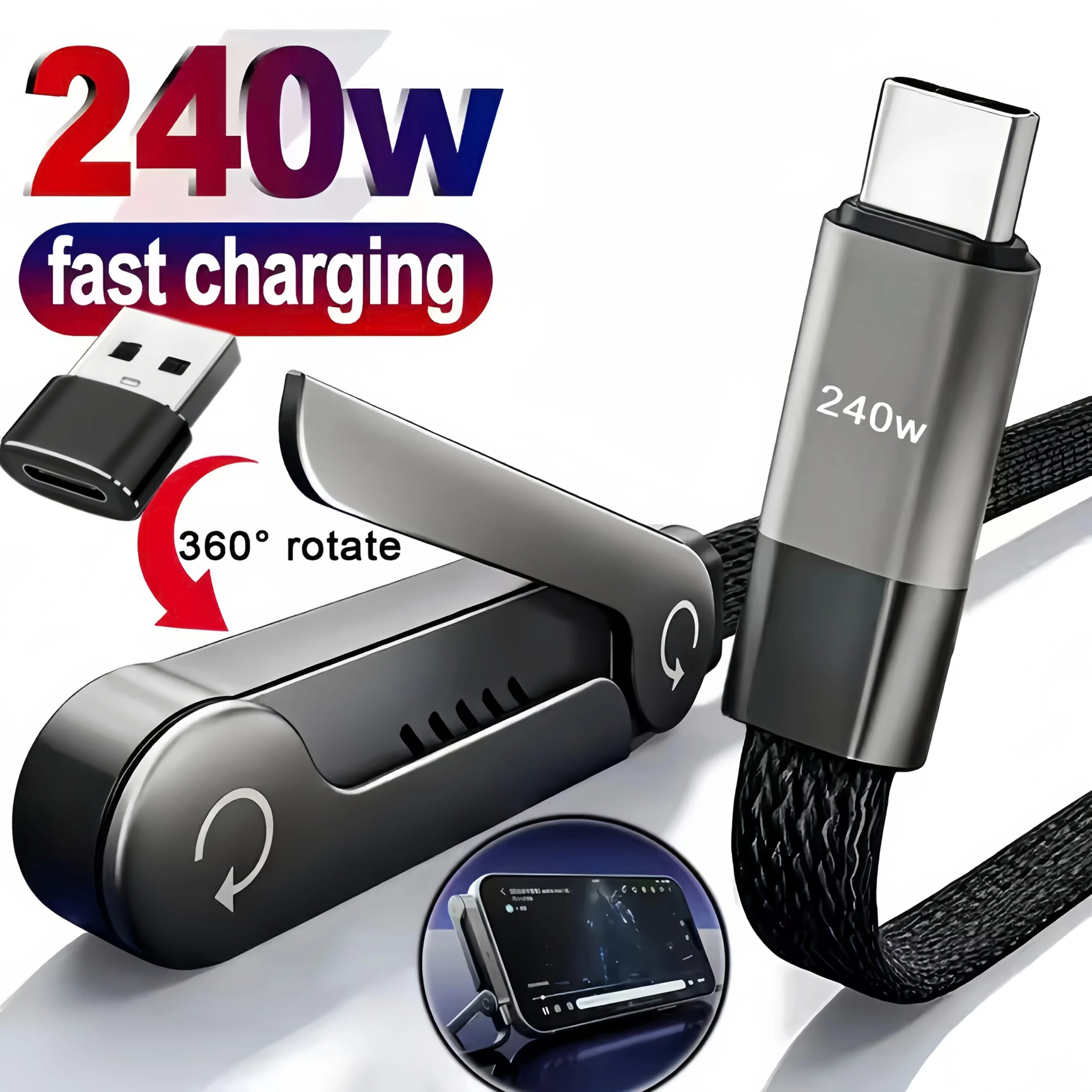 Cable de Carga Plegable con Soporte Integrado, Cable de Carga R&aacute;pida para Tel&eacute;fono y Tableta, Cable de Datos Ultra R&aacute;pido de 240W, Soporte para Tel&eacute;fono