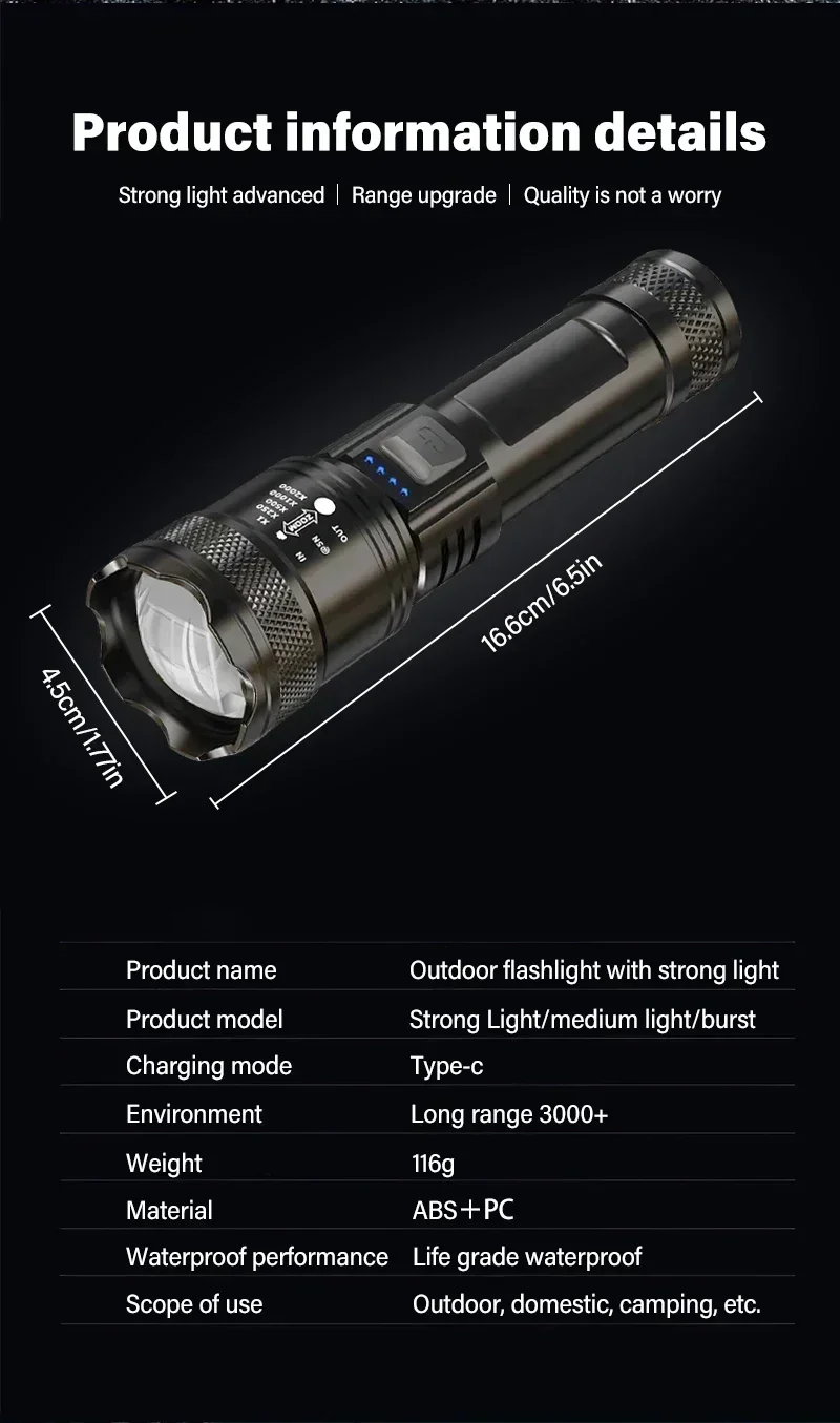 Linternas LED de alta potencia para autodefensa, recargables por USB, luz de mano potente, l&aacute;mpara multifuncional para emergencias y camping