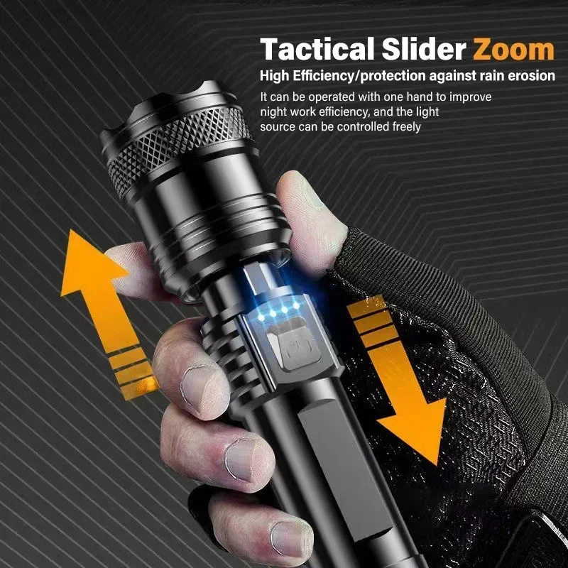 Linternas LED de alta potencia para autodefensa, recargables por USB, luz de mano potente, l&aacute;mpara multifuncional para emergencias y camping