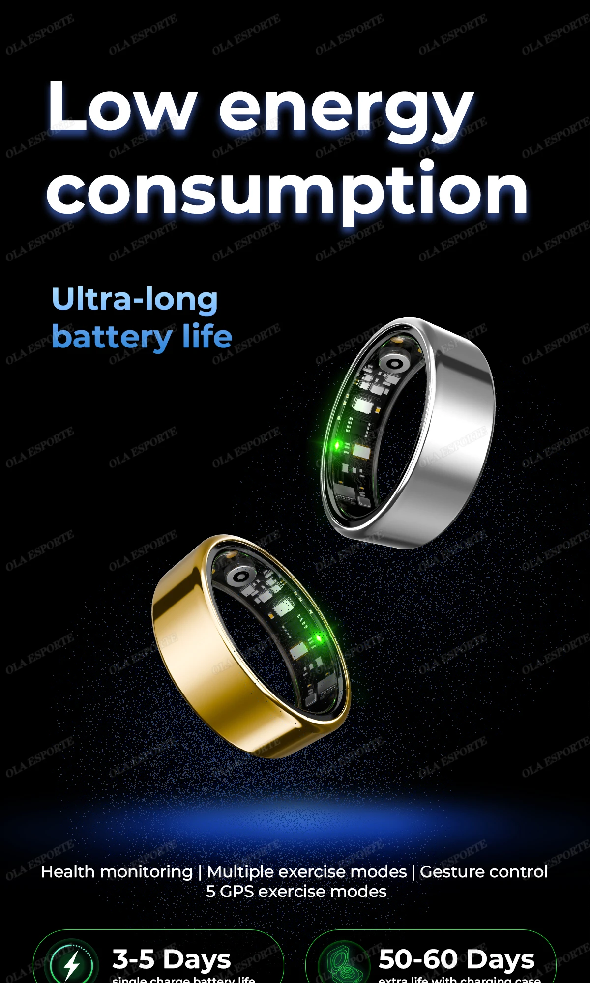 Para anillo inteligente hombres mujeres Monitor Bluetooth ritmo card&iacute;aco en sangre Monitor de ox&iacute;geno en sangre Smartring MultiSport 5ATM impermeable 2025