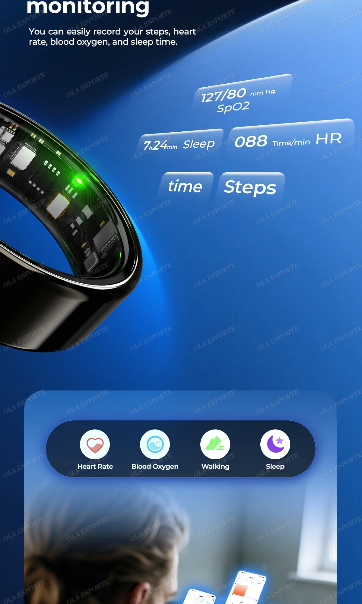 Para anillo inteligente hombres mujeres Monitor Bluetooth ritmo card&iacute;aco en sangre Monitor de ox&iacute;geno en sangre Smartring MultiSport 5ATM impermeable 2025