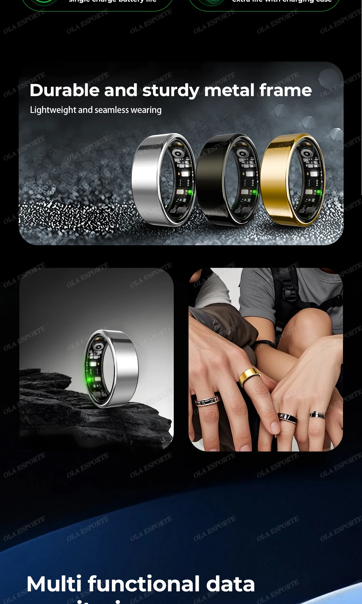 Para anillo inteligente hombres mujeres Monitor Bluetooth ritmo card&iacute;aco en sangre Monitor de ox&iacute;geno en sangre Smartring MultiSport 5ATM impermeable 2025