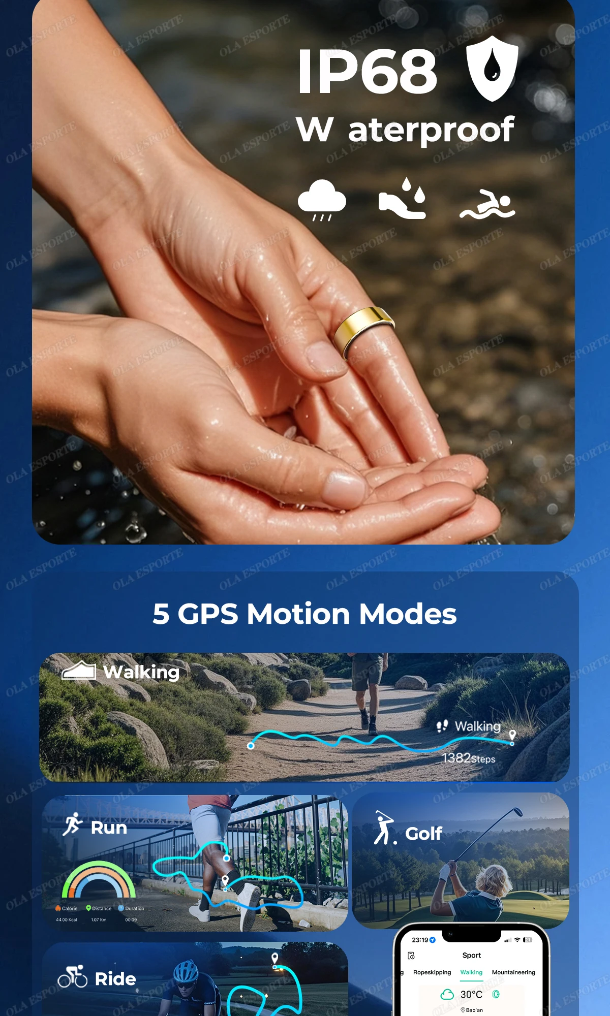 Para anillo inteligente hombres mujeres Monitor Bluetooth ritmo card&iacute;aco en sangre Monitor de ox&iacute;geno en sangre Smartring MultiSport 5ATM impermeable 2025