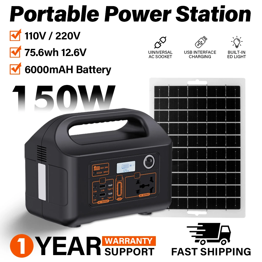 Estaci&oacute;n de Energ&iacute;a Port&aacute;til de 150W, Generador de Energ&iacute;a 110V 220V, Luz LED, Banco de Energ&iacute;a Solar de Emergencia para Viajes y Campamentos al Aire Libre