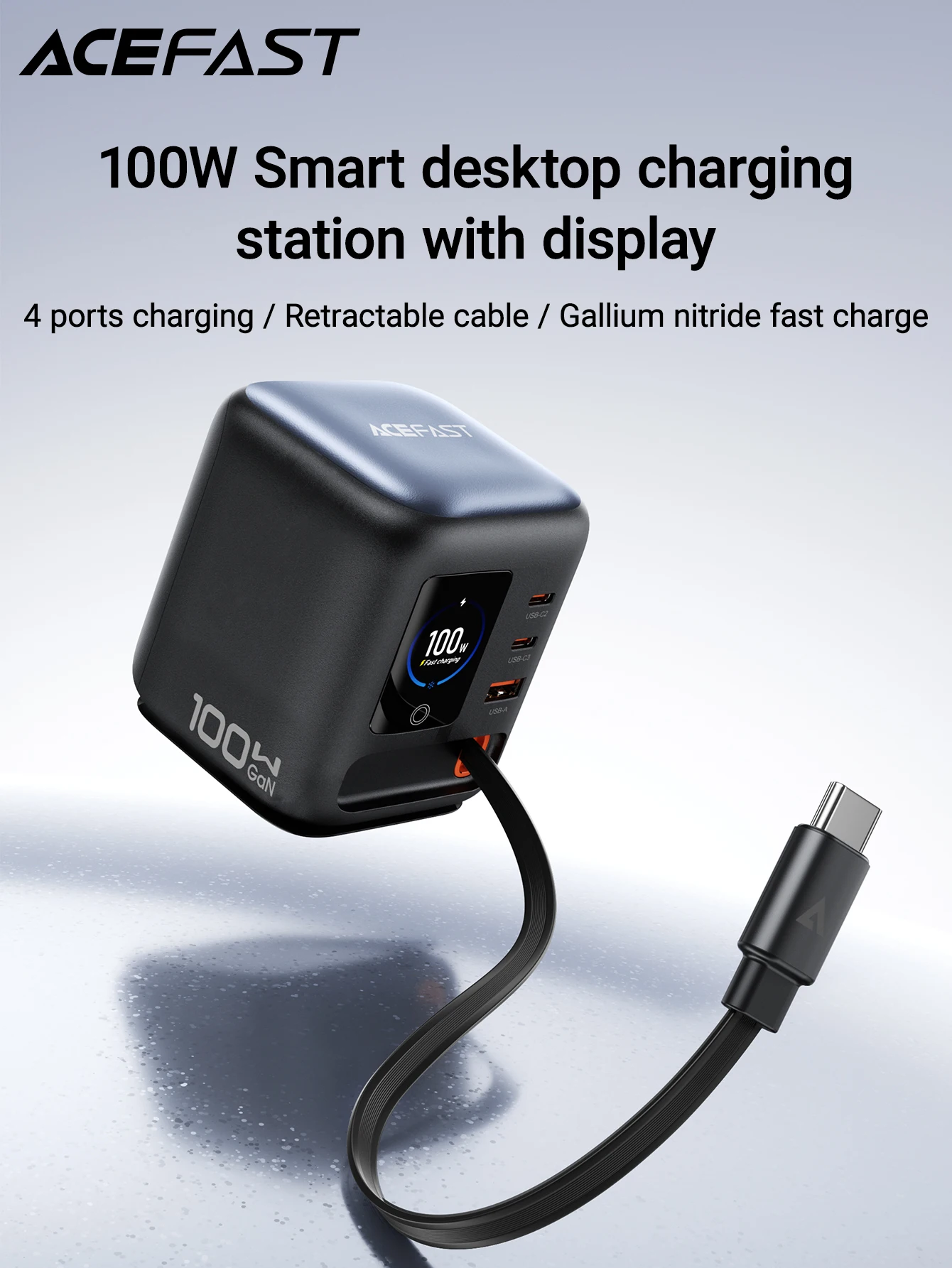 Cargador R&aacute;pido ACEFAST de 100W GaN con Pantalla TFT Inteligente, Estaci&oacute;n de Carga de Escritorio con Cable USB C Retr&aacute;ctil para iPhone 17