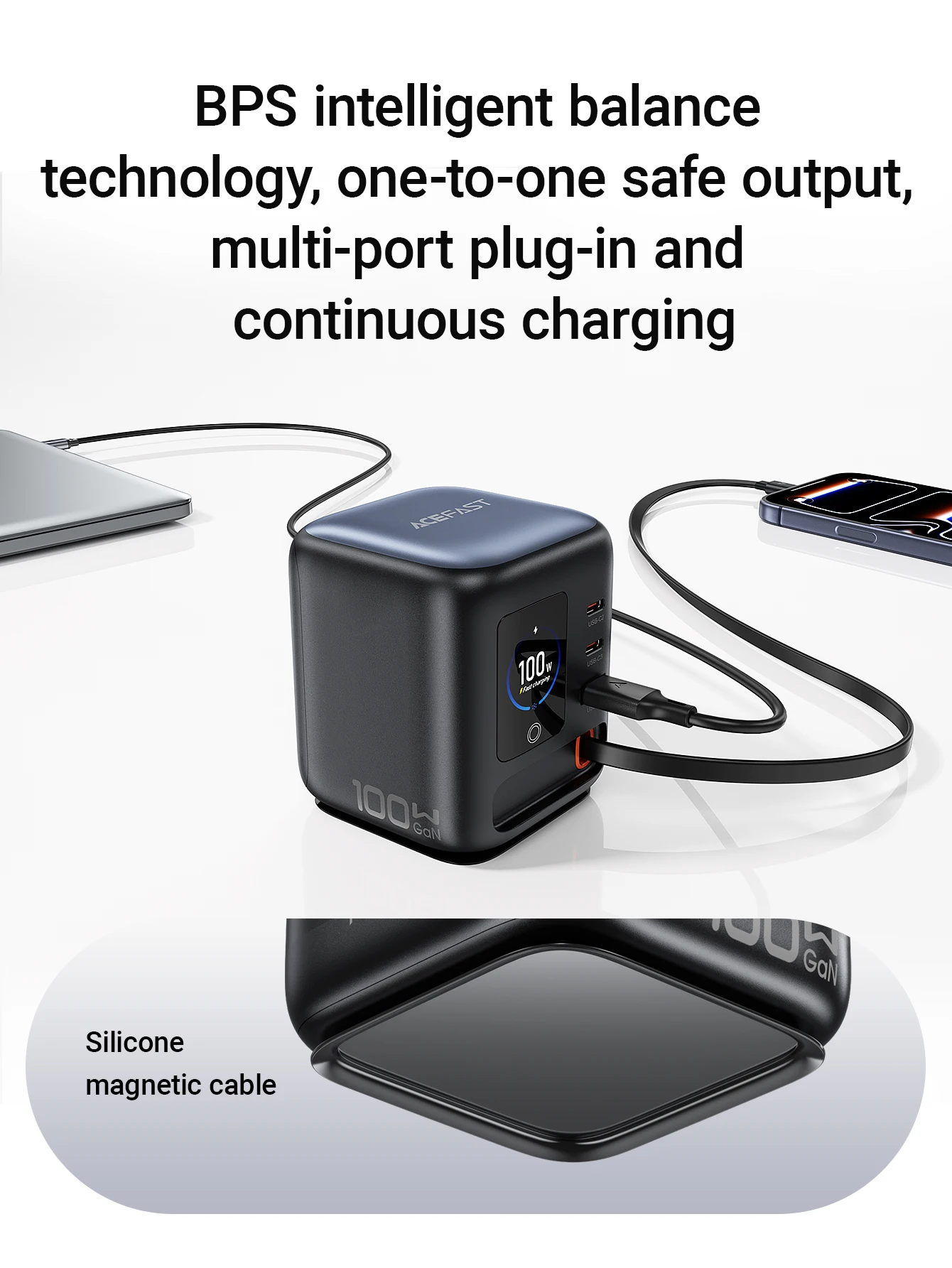 Cargador R&aacute;pido ACEFAST de 100W GaN con Pantalla TFT Inteligente, Estaci&oacute;n de Carga de Escritorio con Cable USB C Retr&aacute;ctil para iPhone 17