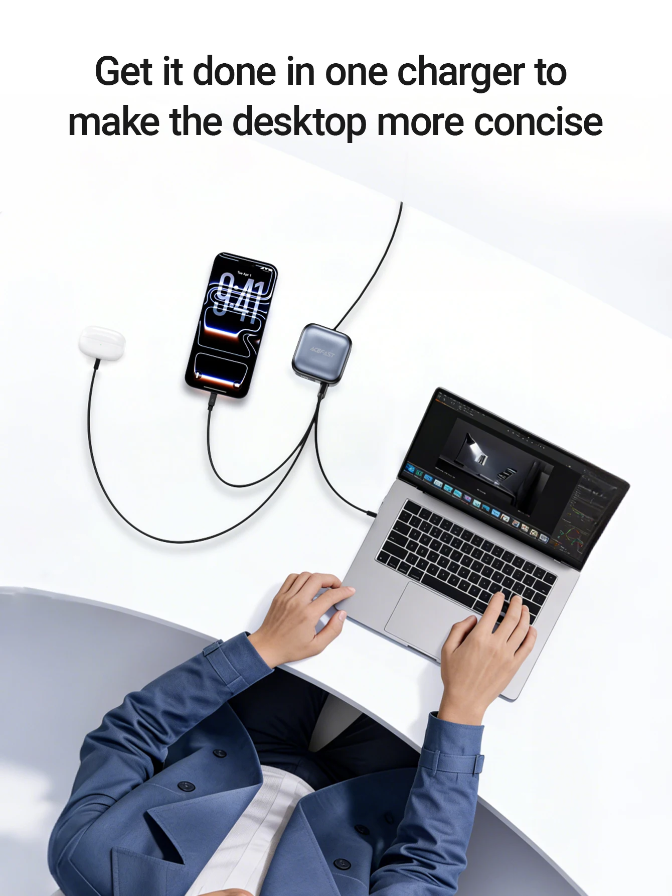 Cargador R&aacute;pido ACEFAST de 100W GaN con Pantalla TFT Inteligente, Estaci&oacute;n de Carga de Escritorio con Cable USB C Retr&aacute;ctil para iPhone 17