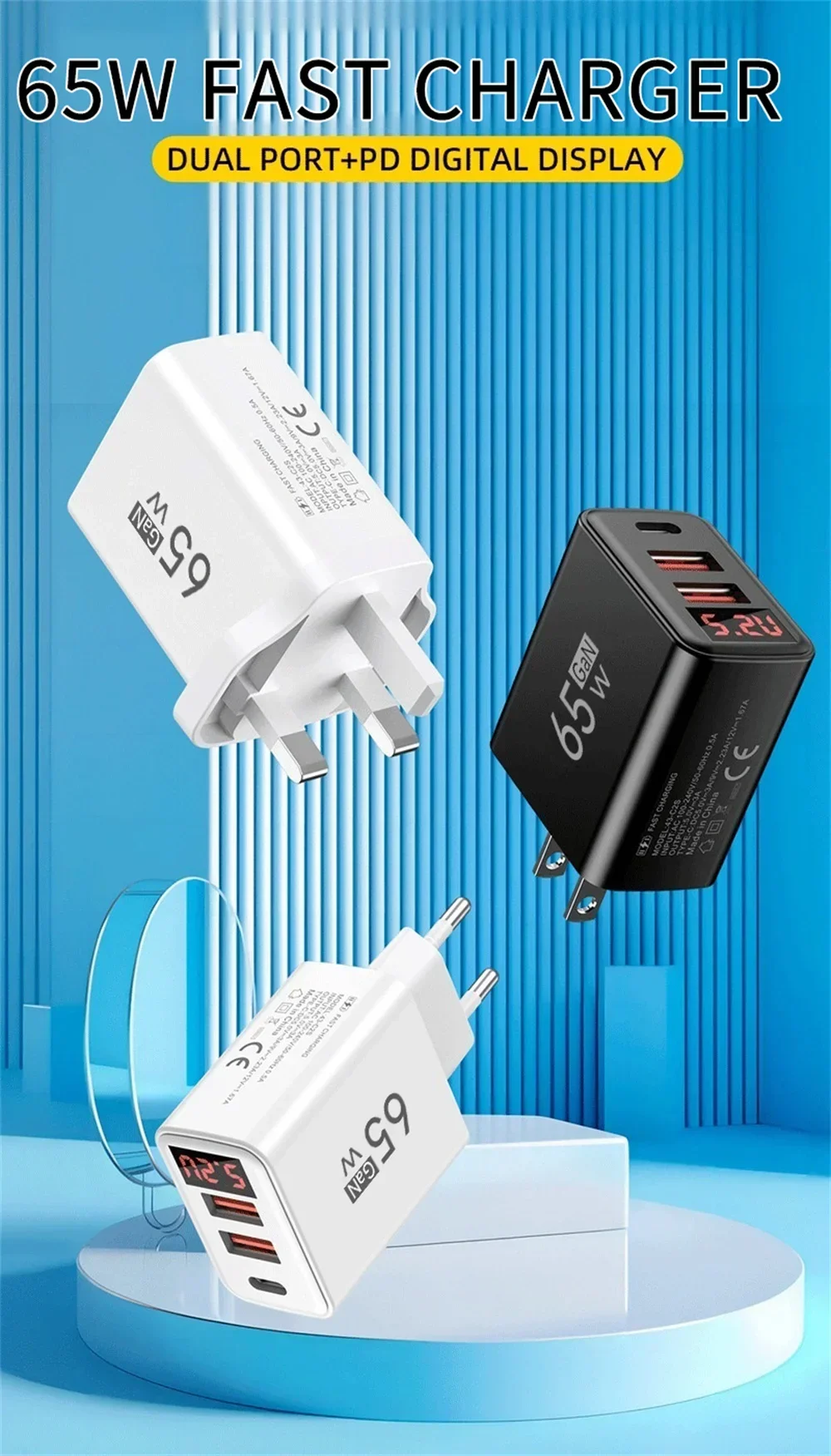 Cargador USB tipo C de 65W, cargador de pared con enchufe europeo/estadounidense de carga r&aacute;pida para iPhone, Samsung, Xiaomi, adaptador de cargador de tel&eacute;fono de carga r&aacute;pida de 3 puertos