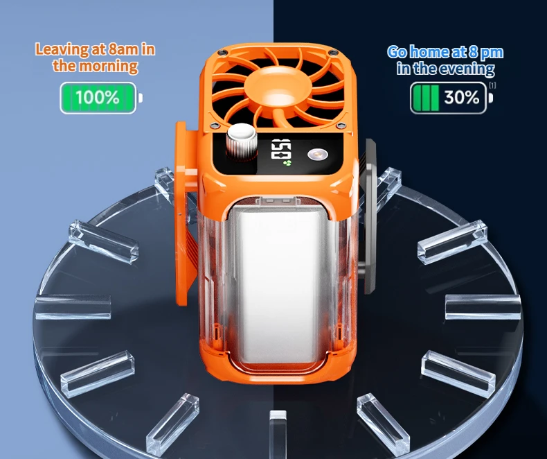 Mini ventilador de cintura de alta velocidad, ventilador de cuello colgante USB sin aspas, ventilador multifuncional para exteriores con iluminaci&oacute;n y pantalla digital.