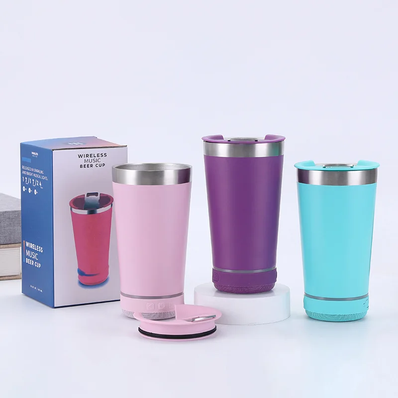 Tazas de cerveza con aislamiento al vac&iacute;o de doble pared de acero, Altavoz Bluetooth de 16oz, botella de agua y caf&eacute;, vaso, taza de regalo