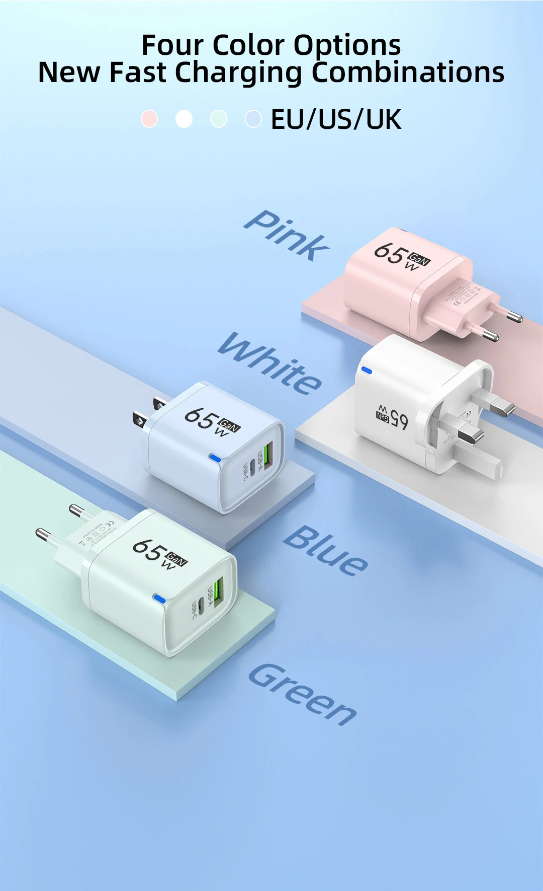 Cargador USB C GaN de 65W con 3 Puertos, Carga R&aacute;pida, Adaptador de Pared QC3.0 para iPhone 16 17 Samsung Xiaomi Huawei, Enchufe EU US UK