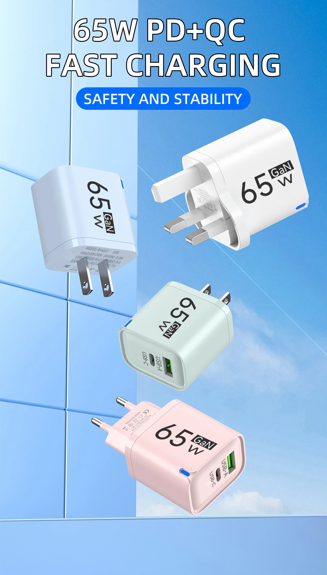 Cargador USB C GaN de 65W con 3 Puertos, Carga R&aacute;pida, Adaptador de Pared QC3.0 para iPhone 16 17 Samsung Xiaomi Huawei, Enchufe EU US UK