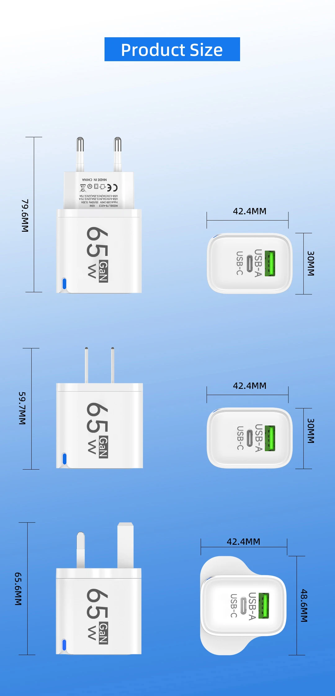Cargador USB C GaN de 65W con 3 Puertos, Carga R&aacute;pida, Adaptador de Pared QC3.0 para iPhone 16 17 Samsung Xiaomi Huawei, Enchufe EU US UK