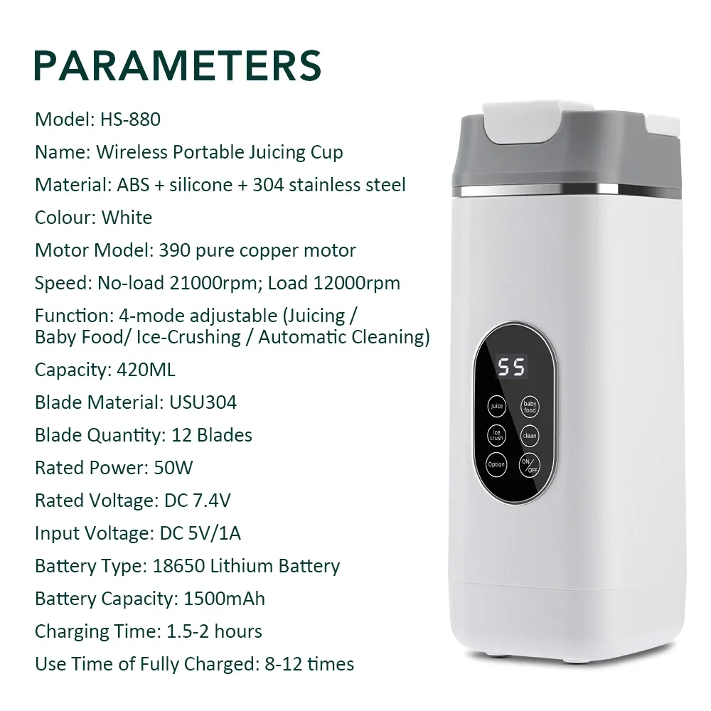 Licuadora El&eacute;ctrica Port&aacute;til de 400 ml, 2 Tazas, Mini Licuadora Multifuncional Inal&aacute;mbrica para el Hogar, Recargable por USB, Vaso Mezclador Peque&ntilde;o
