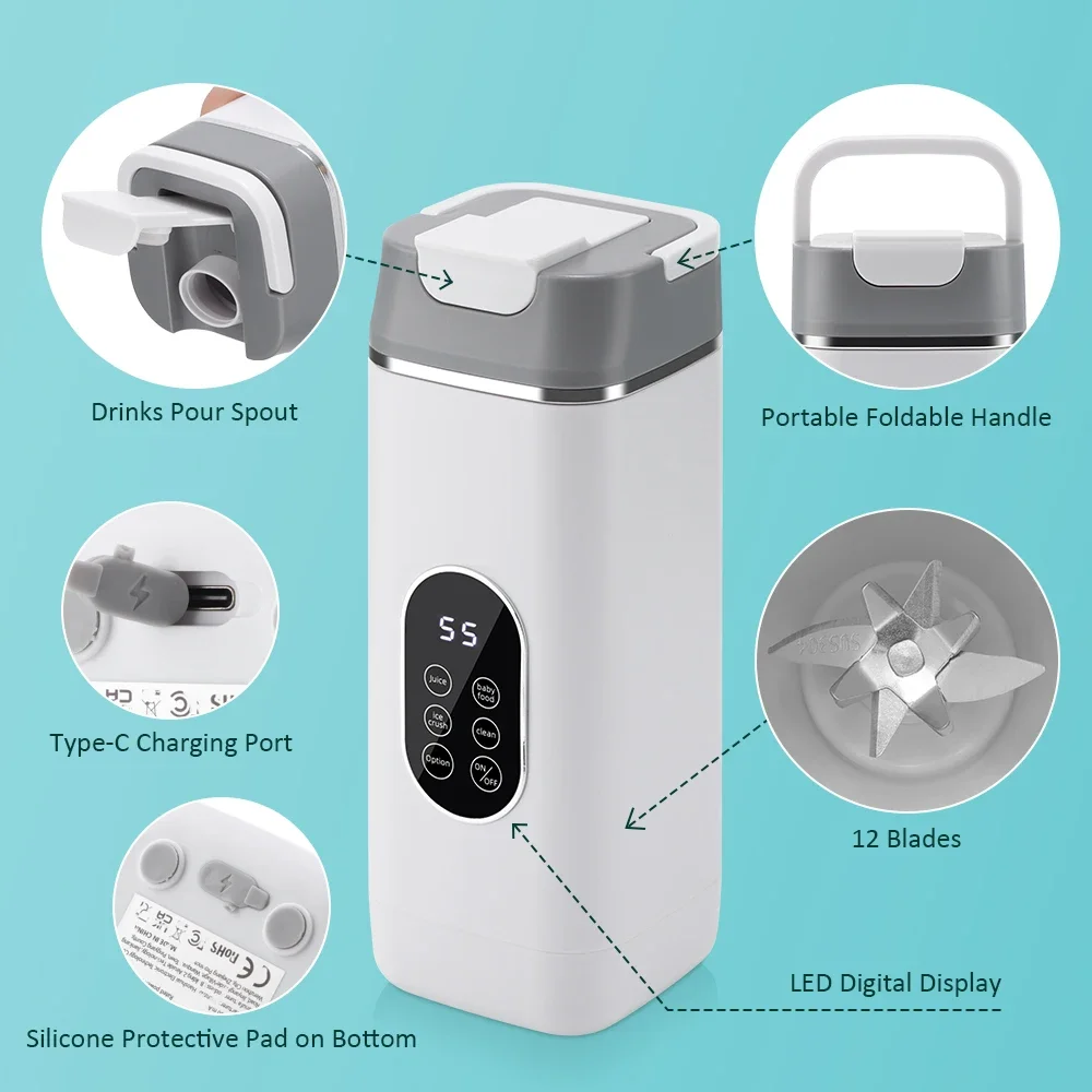 Licuadora El&eacute;ctrica Port&aacute;til de 400 ml, 2 Tazas, Mini Licuadora Multifuncional Inal&aacute;mbrica para el Hogar, Recargable por USB, Vaso Mezclador Peque&ntilde;o