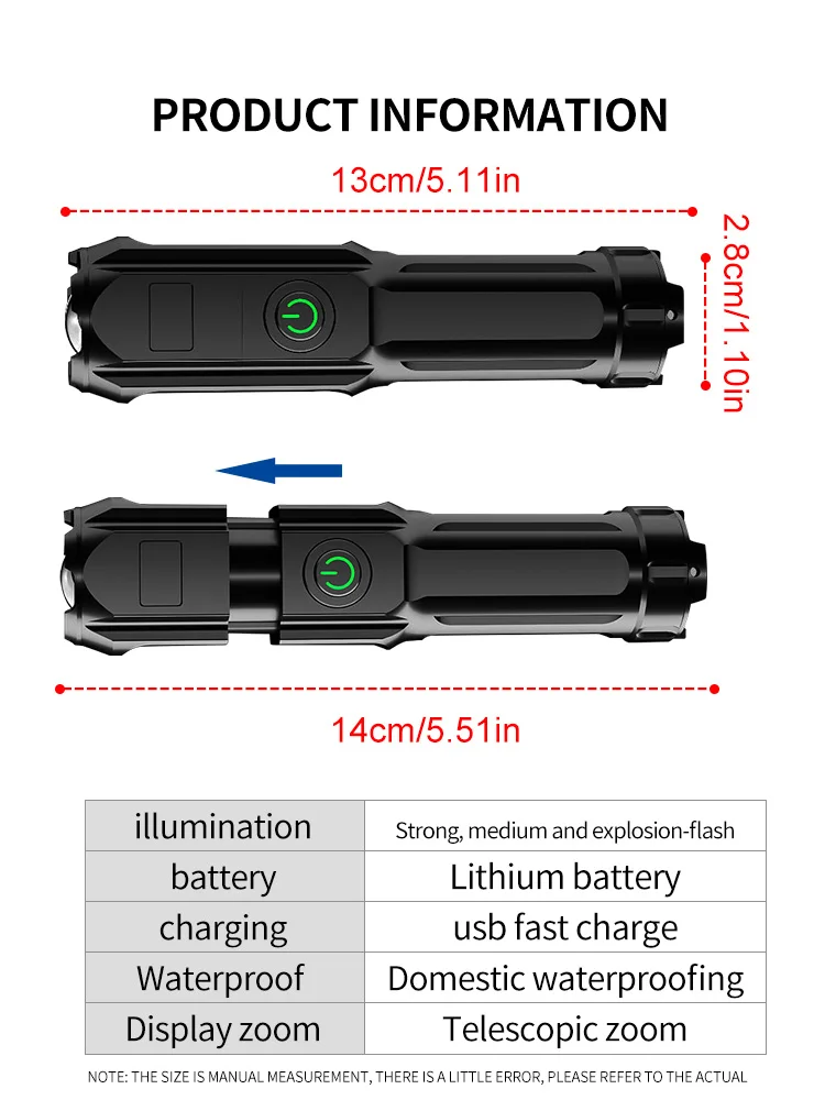 Linterna LED con Zoom telesc&oacute;pico, luz fuerte, carga USB, compacta, port&aacute;til, enfocada, de largo alcance, para el hogar