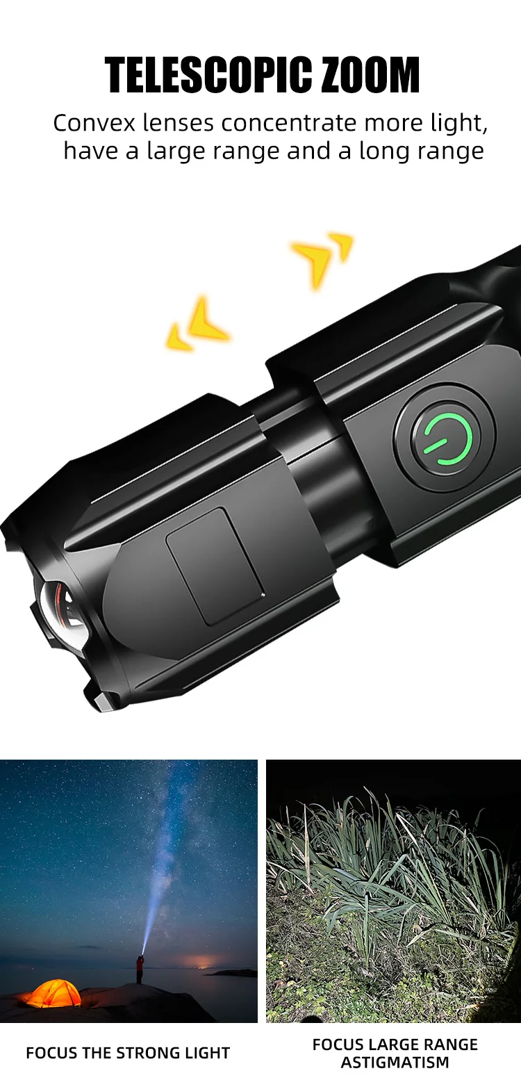 Linterna LED con Zoom telesc&oacute;pico, luz fuerte, carga USB, compacta, port&aacute;til, enfocada, de largo alcance, para el hogar