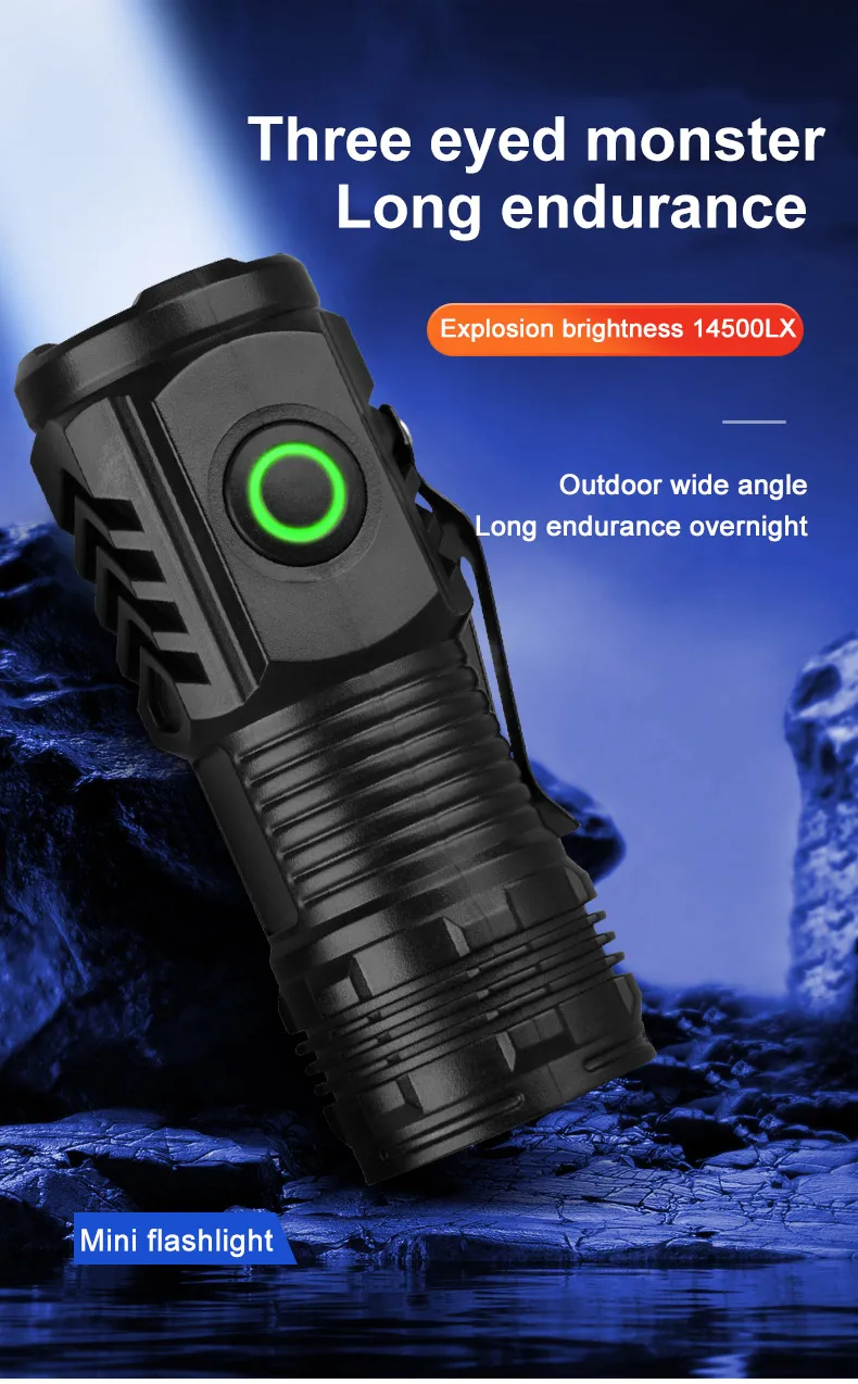 Mini linterna LED port&aacute;til, luz de Flash ultra fuerte de 3LED, bater&iacute;a integrada recargable por USB con Clip para bol&iacute;grafo