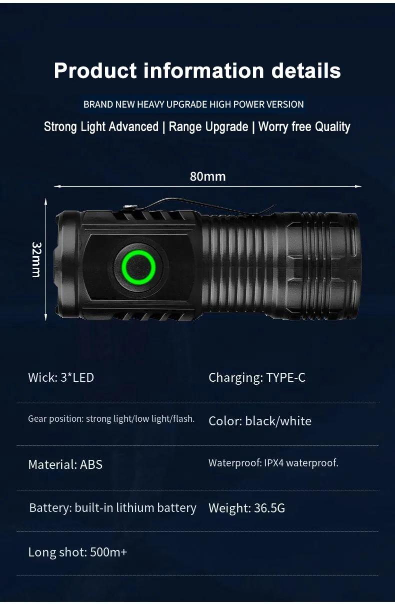 Mini linterna LED port&aacute;til, luz de Flash ultra fuerte de 3LED, bater&iacute;a integrada recargable por USB con Clip para bol&iacute;grafo