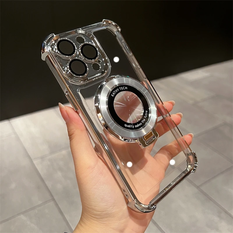 Funda de lujo con soporte de anillo Magsafe de carga inal&aacute;mbrica para iPhone 11 12 13 14 15 16 Pro Max Plus cubierta de parachoques magn&eacute;tico transparente