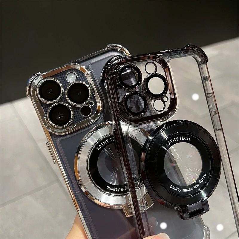 Funda de lujo con soporte de anillo Magsafe de carga inal&aacute;mbrica para iPhone 11 12 13 14 15 16 Pro Max Plus cubierta de parachoques magn&eacute;tico transparente