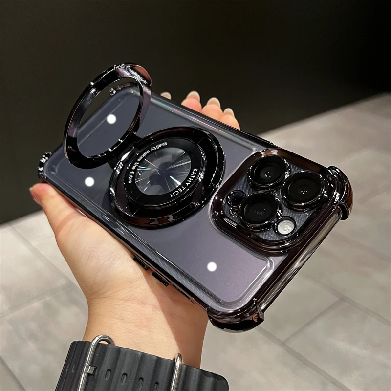 Funda de lujo con soporte de anillo Magsafe de carga inal&aacute;mbrica para iPhone 11 12 13 14 15 16 Pro Max Plus cubierta de parachoques magn&eacute;tico transparente