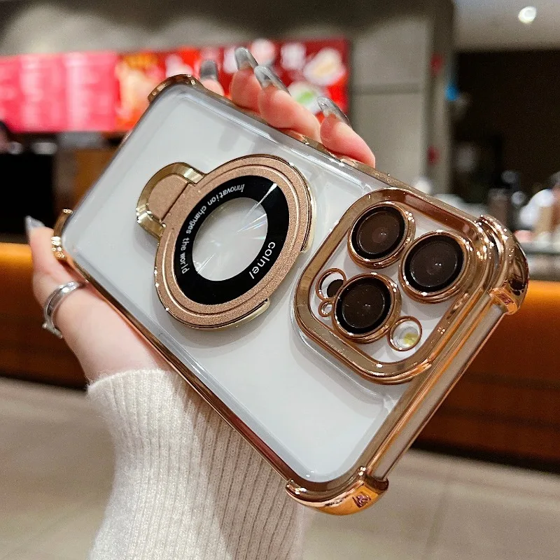 Funda con soporte magn&eacute;tico chapado a la moda para iPhone 17 16 15 14 13 12 Pro Max con soporte cubierta a prueba de golpes para Magsafe