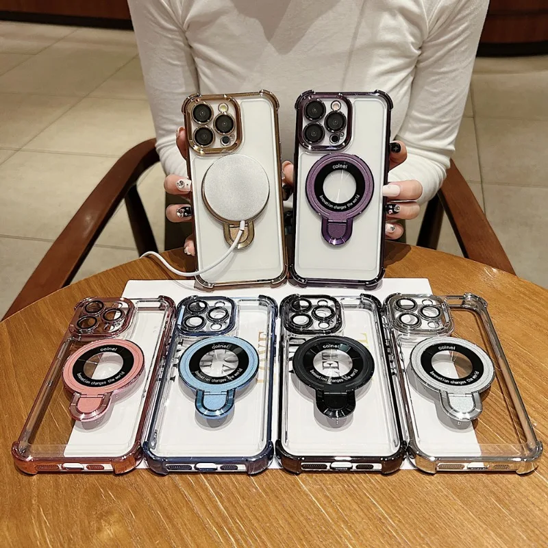 Funda con soporte magn&eacute;tico chapado a la moda para iPhone 17 16 15 14 13 12 Pro Max con soporte cubierta a prueba de golpes para Magsafe