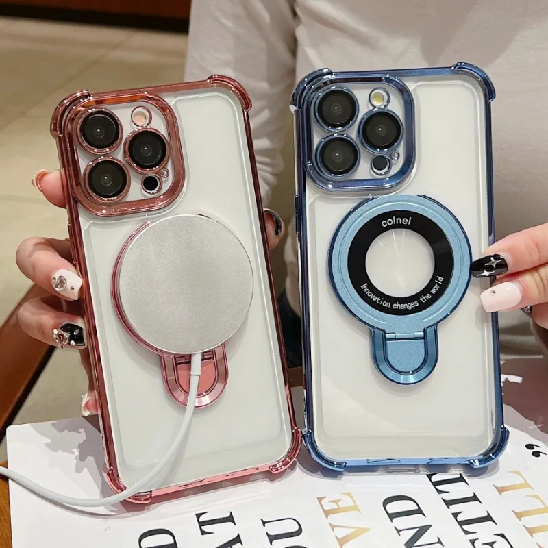 Funda con soporte magn&eacute;tico chapado a la moda para iPhone 17 16 15 14 13 12 Pro Max con soporte cubierta a prueba de golpes para Magsafe