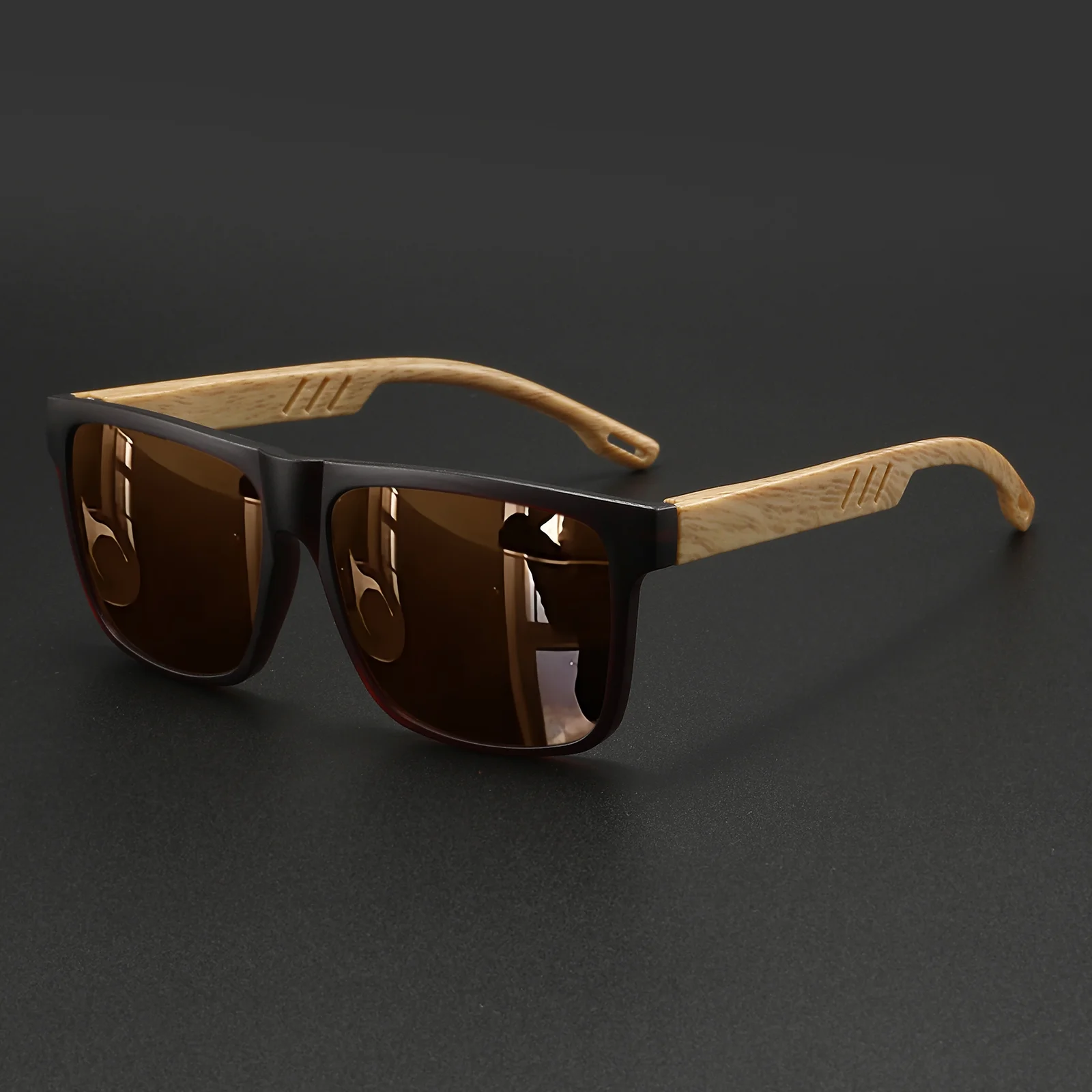 Nuevas gafas de sol cuadradas de moda: bisagra de resorte de grano de madera, UV400 unisex para conducir, senderismo y viajes