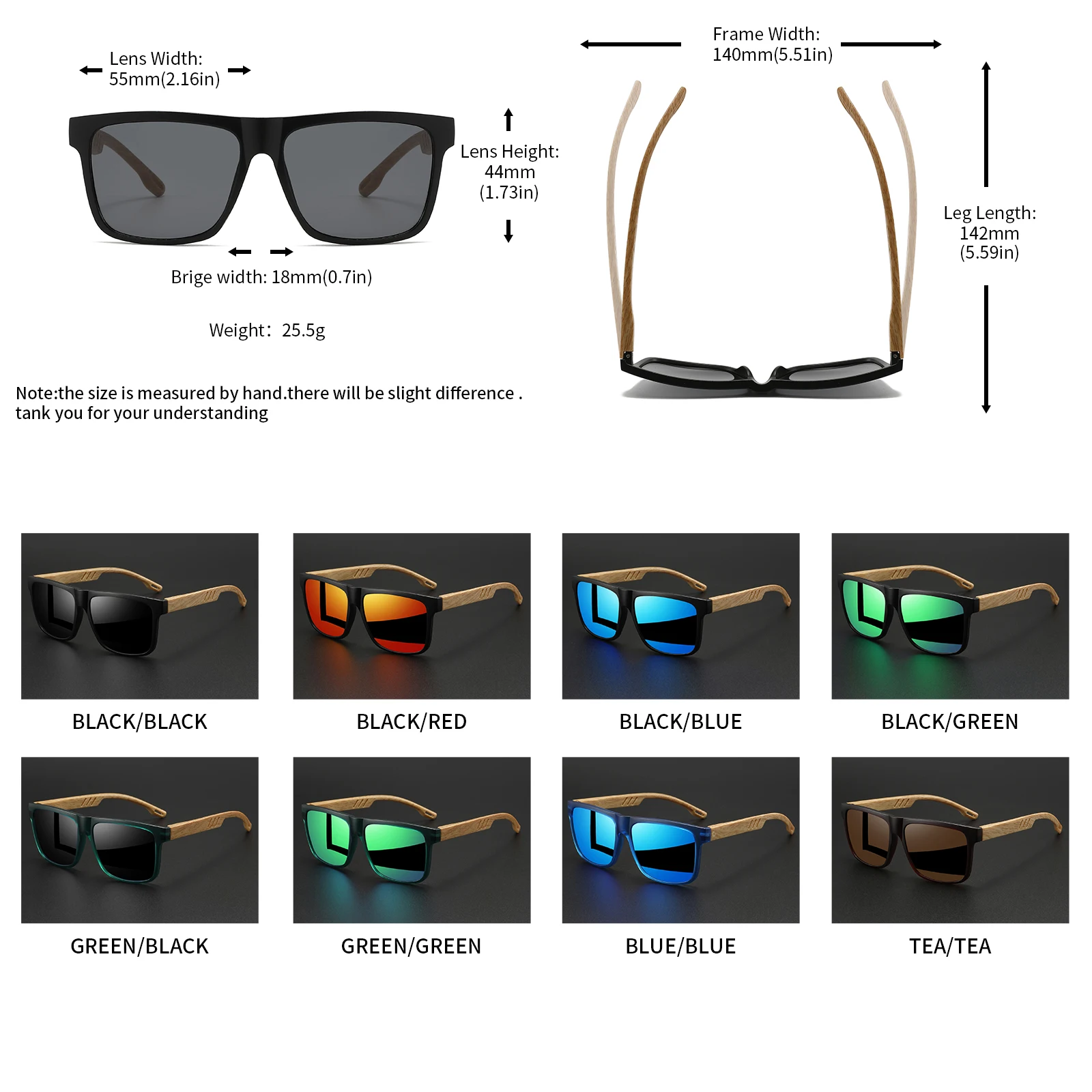 Nuevas gafas de sol cuadradas de moda: bisagra de resorte de grano de madera, UV400 unisex para conducir, senderismo y viajes