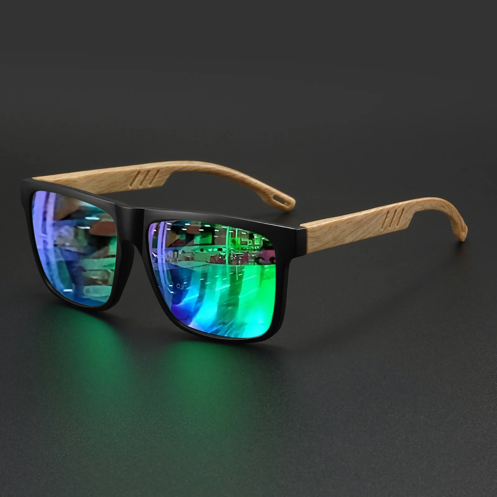 Nuevas gafas de sol cuadradas de moda: bisagra de resorte de grano de madera, UV400 unisex para conducir, senderismo y viajes
