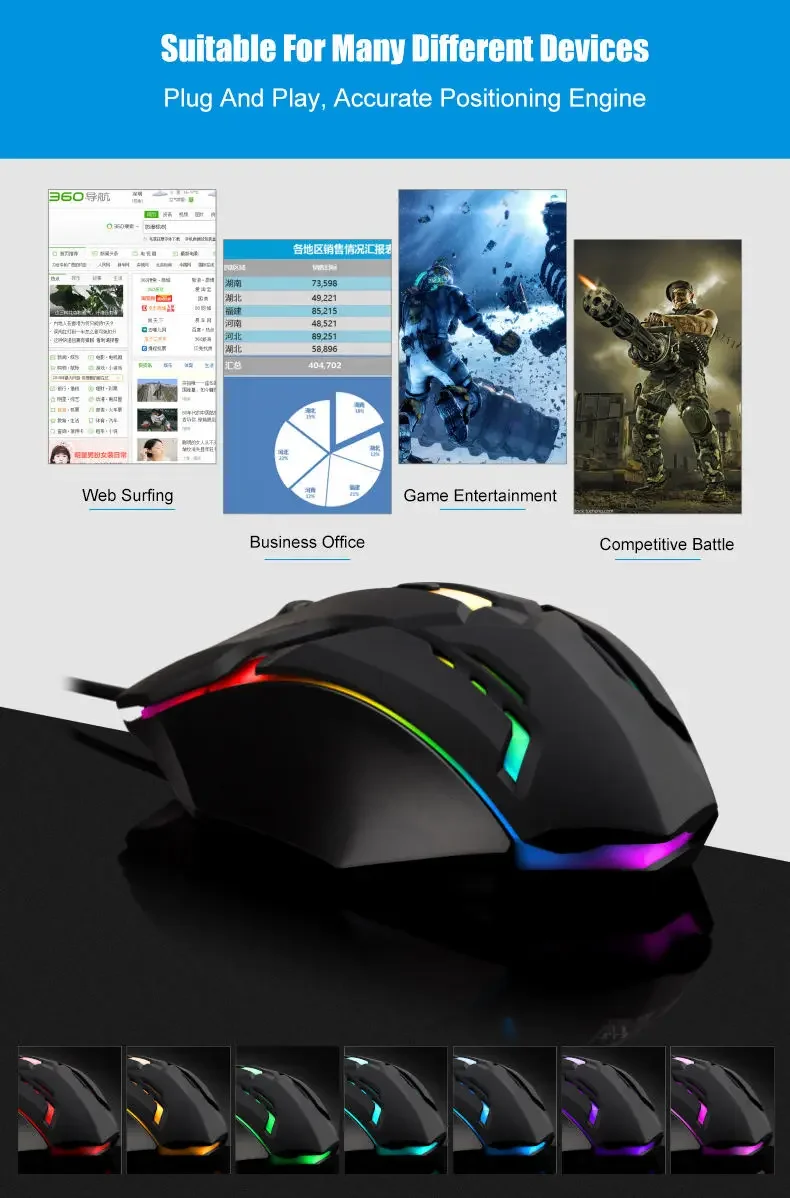 &Uacute;ltimo rat&oacute;n para juegos ergon&oacute;mico de alta calidad, adecuado para computadoras de escritorio y port&aacute;tiles, rat&oacute;n retroiluminado USB RGB de 4 botones